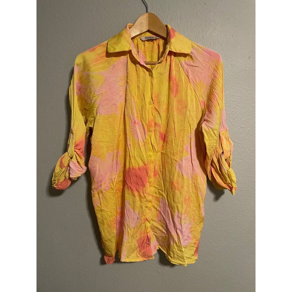 Tucker Womens Top XS Yellow Pink Silk Satin Tie Dye Stretch Roll Tab Sleeve Art